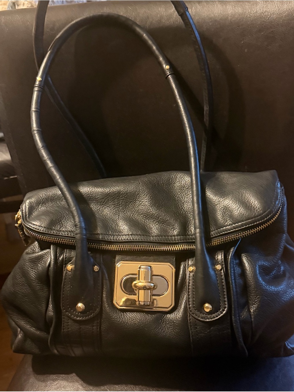 b. makowsky Black Leather Shoulder Bag with Gold-Tone Turn Lock